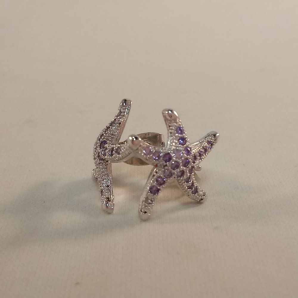 18K White Gold Filled Starfish Sea Life Purple Diamond Zircon Star Stud Earrings - Picture 5 of 6